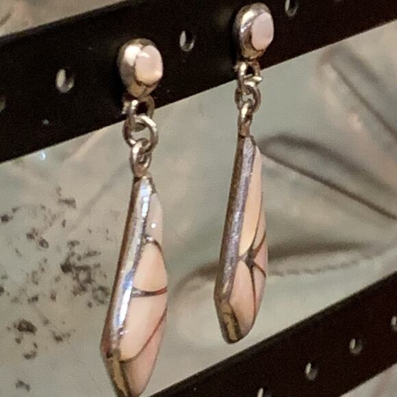 Zuni Artisan K.E.K. Sterling Silver & Mother of Pearl Inlayed Dangle Earrings - Picture 5 of 8